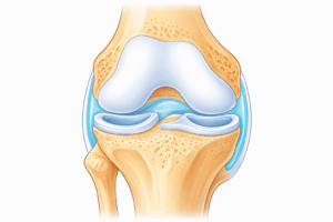 変形性膝関節症の仕組みを説明する膝関節の断面図（軟骨・半月板・関節液）