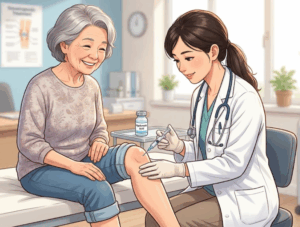 医師が変形性膝関節症の患者にヒアルロン酸注射を施行しているイメージ