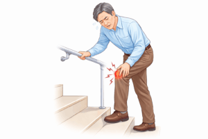 変形性膝関節症の高齢者が院外処方の薬局へ、膝を痛そうにしながら向かっているイラスト