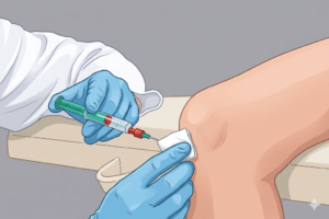 医師が変形性膝関節症の患者へ膝関節にヒアルロン酸注射を射しているイメージ
