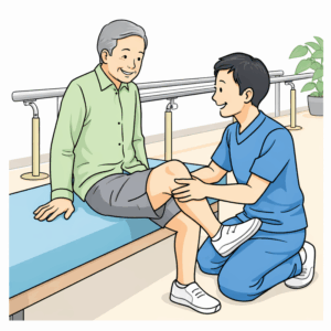 変形性膝関節症患者が理学療法士と運動器リハビリをしている様子。